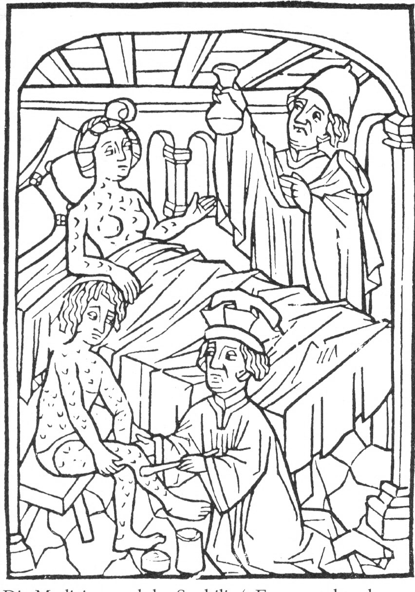 Early modern medical illustration of people suffering from syphilis