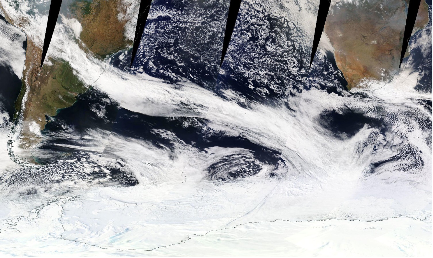 A band of clouds in an atmospheric river extending from South America to the Antarctic sea ice zone